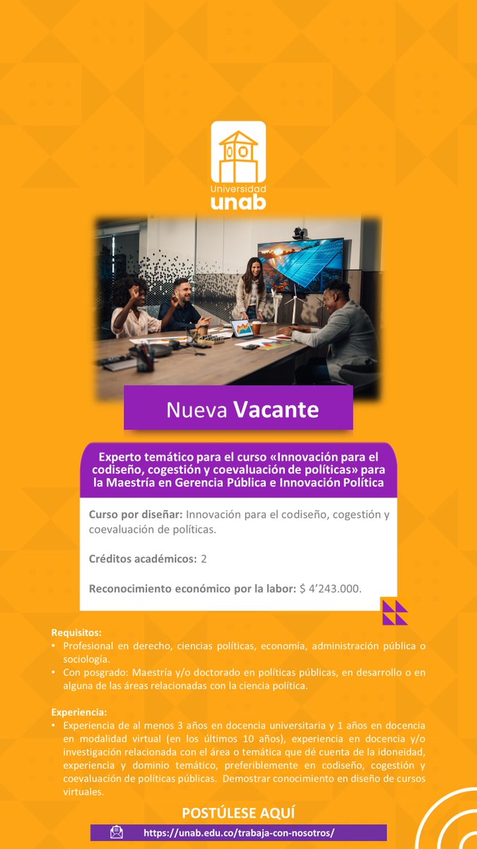 📢 Convocatoria Experto temático para el curso «Innovación para el codiseño, cogestión y coevaluación de políticas» para la Maestría en Gerencia Pública e Innovación Política de la UNAB. Postúlate: unab.edu.co/experto-temati…