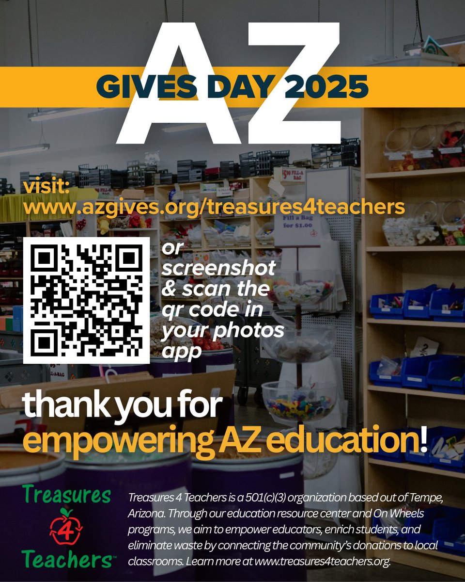 Today is #AZGivesDay! 🌵 Make a difference in your community with a tax-deductible gift to Treasures 4 Teachers. Every $1 donated allows us to provide $9 of supplies to a local classroom! 📚

azgives.org/organization/t…