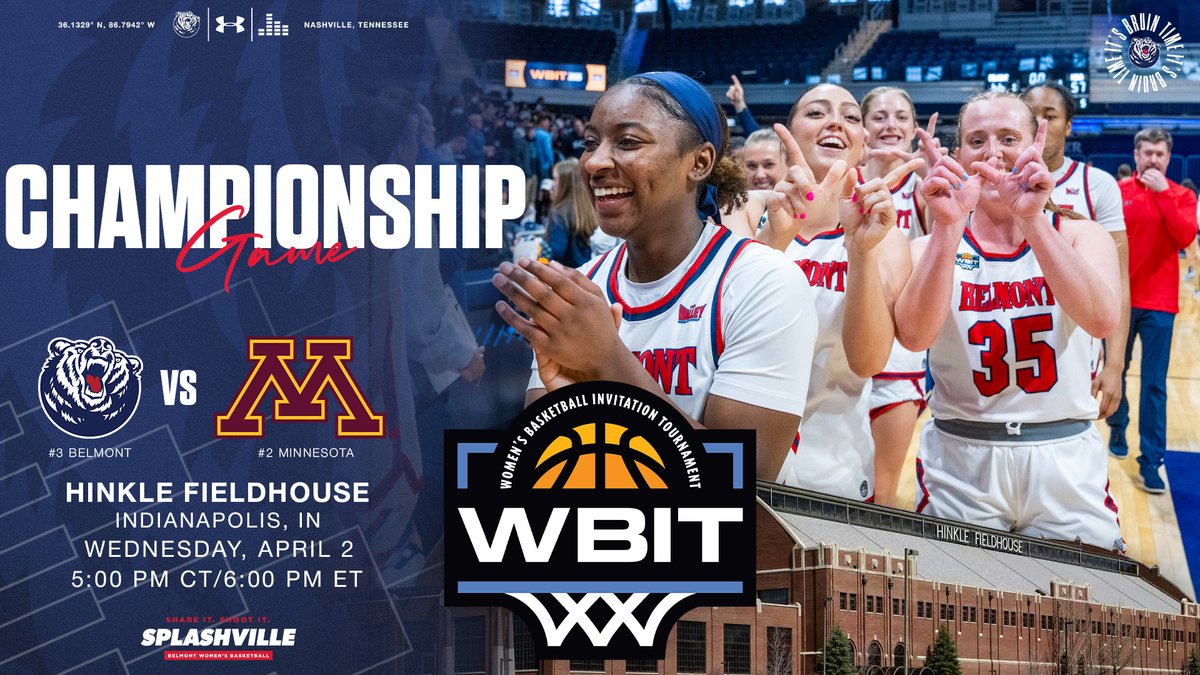 Belmont WBasketball (@belmontwbb) on Twitter photo 𝐂𝐇𝐀𝐌𝐏𝐈𝐎𝐍𝐒𝐇𝐈𝐏 𝐖𝐄𝐃𝐍𝐄𝐒𝐃𝐀𝐘❗
Bruins 🆚 Golden Gophers for the <a href="/wbitwbb/">Women’s Basketball Invitation Tournament</a> 🏆
Primetime national 📺
5 p.m. CT/6 p.m. ET on ESPN2
Catch the pregame 𝘧𝘢𝘯 𝘩𝘢𝘯𝘨𝘰𝘶𝘵 at Chatham Tap starting at 4 p.m. ET 🎉
#ItsBruinTime | #Splashville | #ElevateTheGame | #WBIT 𝐂𝐇𝐀𝐌𝐏𝐈𝐎𝐍𝐒𝐇𝐈𝐏 𝐖𝐄𝐃𝐍𝐄𝐒𝐃𝐀𝐘❗
Bruins 🆚 Golden Gophers for the <a href="/wbitwbb/">Women’s Basketball Invitation Tournament</a> 🏆
Primetime national 📺
5 p.m. CT/6 p.m. ET on ESPN2
Catch the pregame 𝘧𝘢𝘯 𝘩𝘢𝘯𝘨𝘰𝘶𝘵 at Chatham Tap starting at 4 p.m. ET 🎉
#ItsBruinTime | #Splashville | #ElevateTheGame | #WBIT