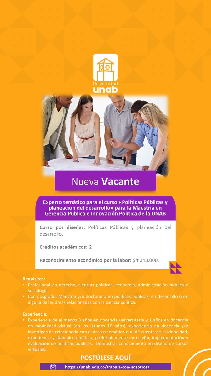📢 Convocatoria Experto temático para el curso «Políticas Públicas y planeación del desarrollo» para la Maestría en Gerencia Pública e Innovación Política de la UNAB. Postúlate:unab.edu.co/experto-temati…