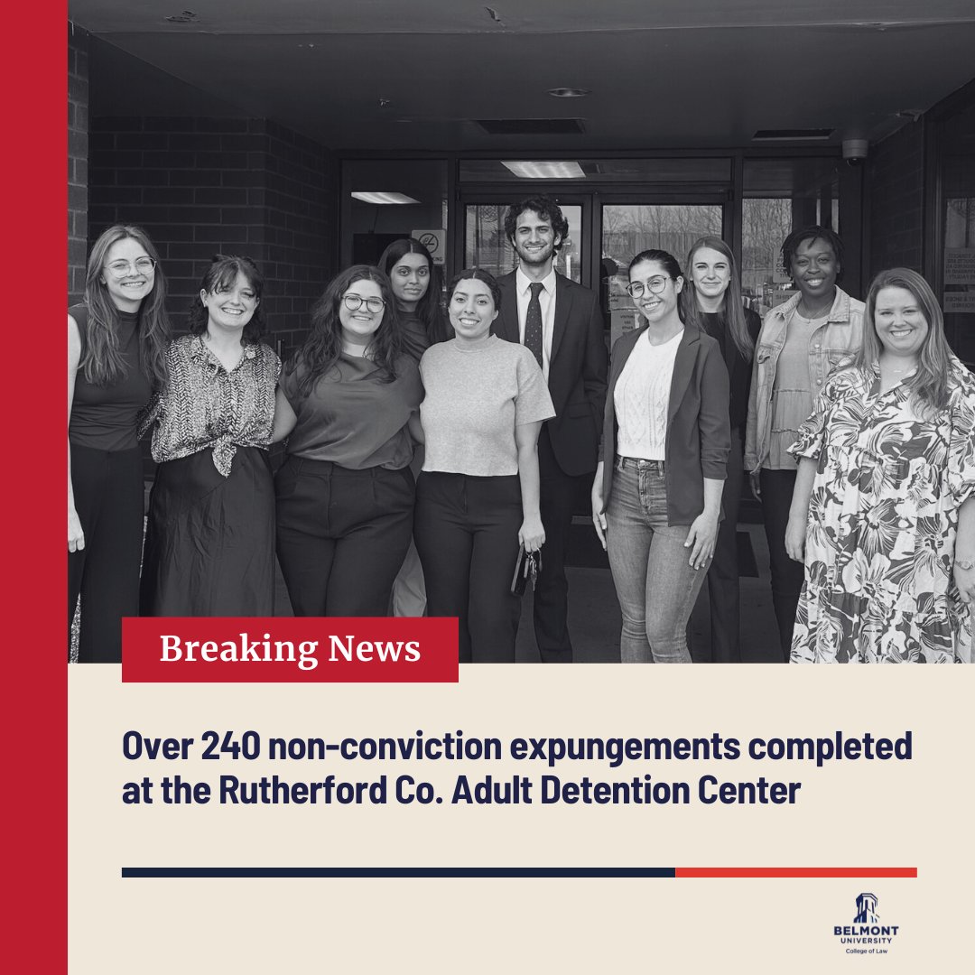 Last Friday, students assisted 32 clients during an expungement clinic at the Rutherford Co. Adult Detention. Together, they completed the filing paperwork for OVER 240 non-conviction expungements! #BelmontLaw