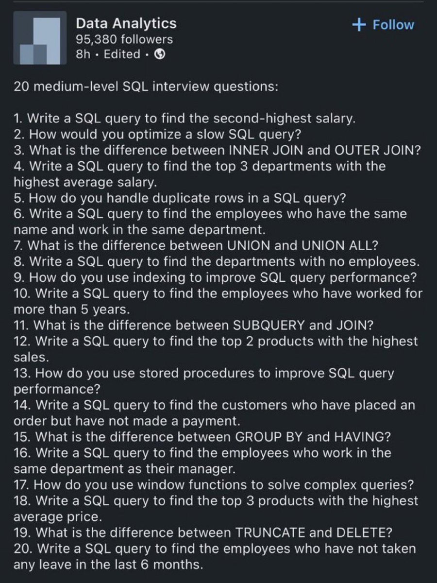 ezekiel_aleke's tweet image. 20 most common SQL Interview Questions.

Don’t skip no. 15🔥📷