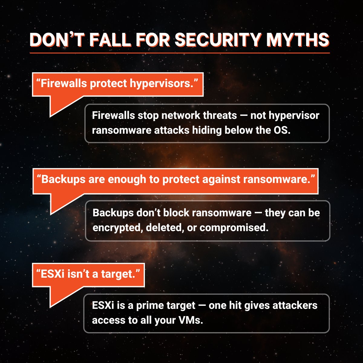 vali_cyber's tweet image. Some pranks are harmless. Falling for bad #security advice isn’t.

🚨 “Firewalls protect #hypervisors.”
- Firewalls protect networks, not hypervisors—ransomware can bypass them through phishing, exploits, or lateral movement.
🚨 “Backups are enough to protect from ransomware.” 
-…