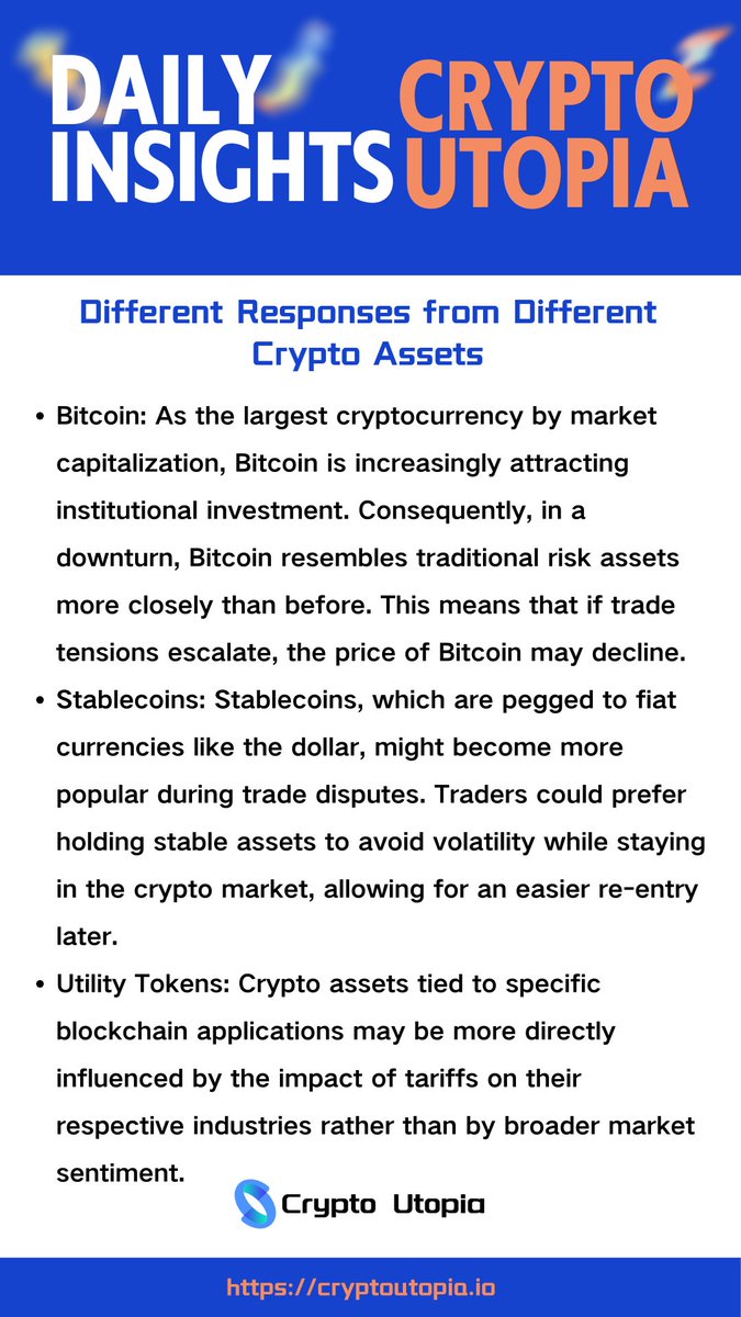 CryptoUtopia_OF's tweet photo. The relationship between tariffs and cryptocurrency prices highlights a key intersection of traditional economic policy and emerging finance. Although cryptocurrencies were designed to be independent from government monetary policy, they are increasingly influenced by macroeconomic forces, including trade policies.

#Crypto #Tariffs #Economics #Blockchain