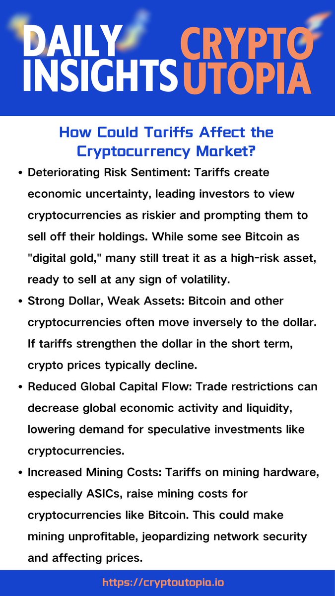 CryptoUtopia_OF's tweet photo. The relationship between tariffs and cryptocurrency prices highlights a key intersection of traditional economic policy and emerging finance. Although cryptocurrencies were designed to be independent from government monetary policy, they are increasingly influenced by macroeconomic forces, including trade policies.

#Crypto #Tariffs #Economics #Blockchain