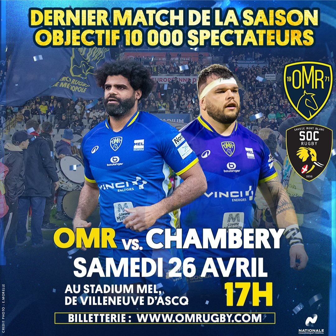 SAVE THE DATE 💛💙🏉
Rendez-vous le samedi 26 avril pour le dernier match à domicile de la saison pour nos Jaune et Bleu  !

#Rugby #OMR #Lille