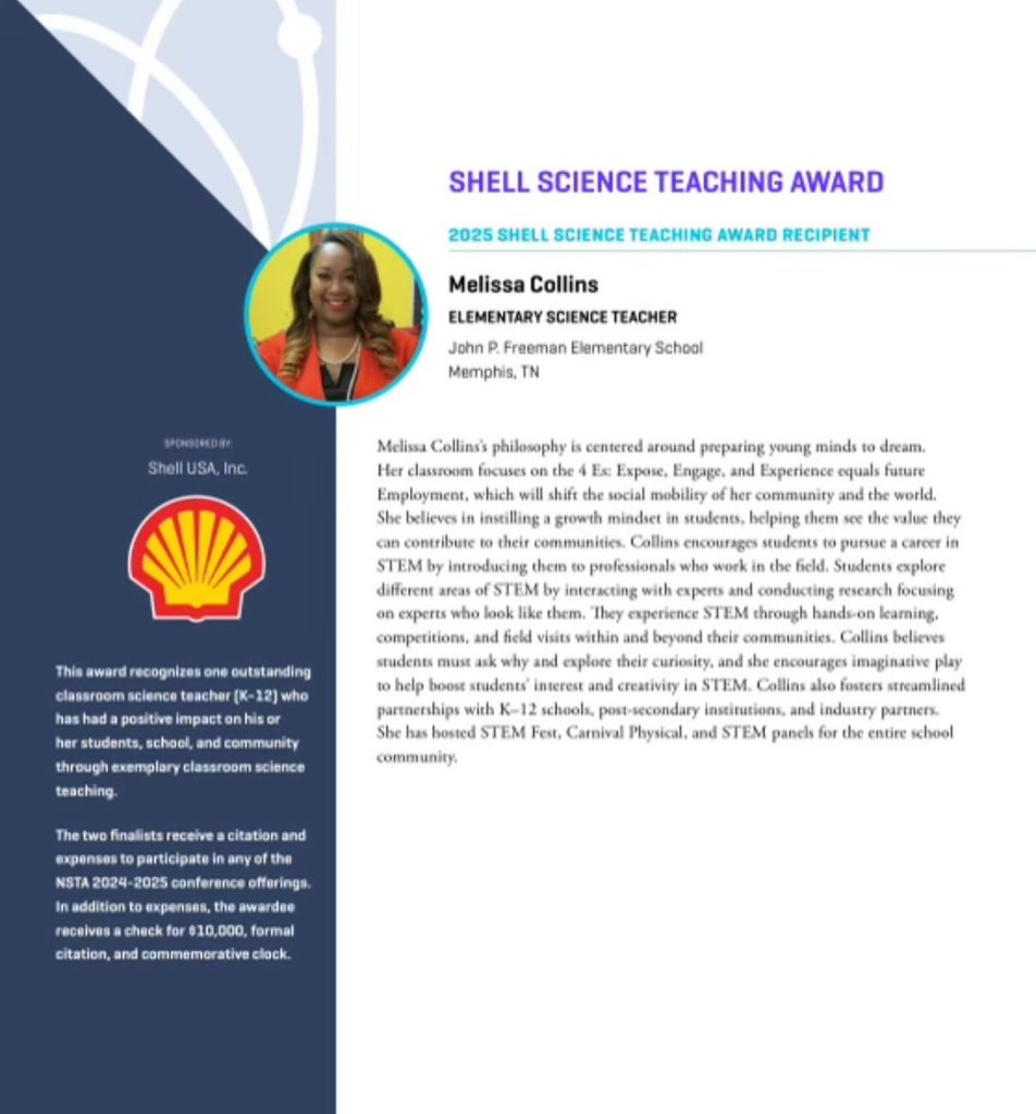 Congratulations to <a href="/CollinsNBCT/">Melissa Collins,PhD (NBCT)</a> of John P. Freeman! Dr. Collins is the recipient of the 2025 Shell Science Teaching Award at the National Science Teaching Association awards ceremony in Philadelphia.🔬
🔗 To learn more about Dr. Collins, visit tinyurl.com/mttp85eb