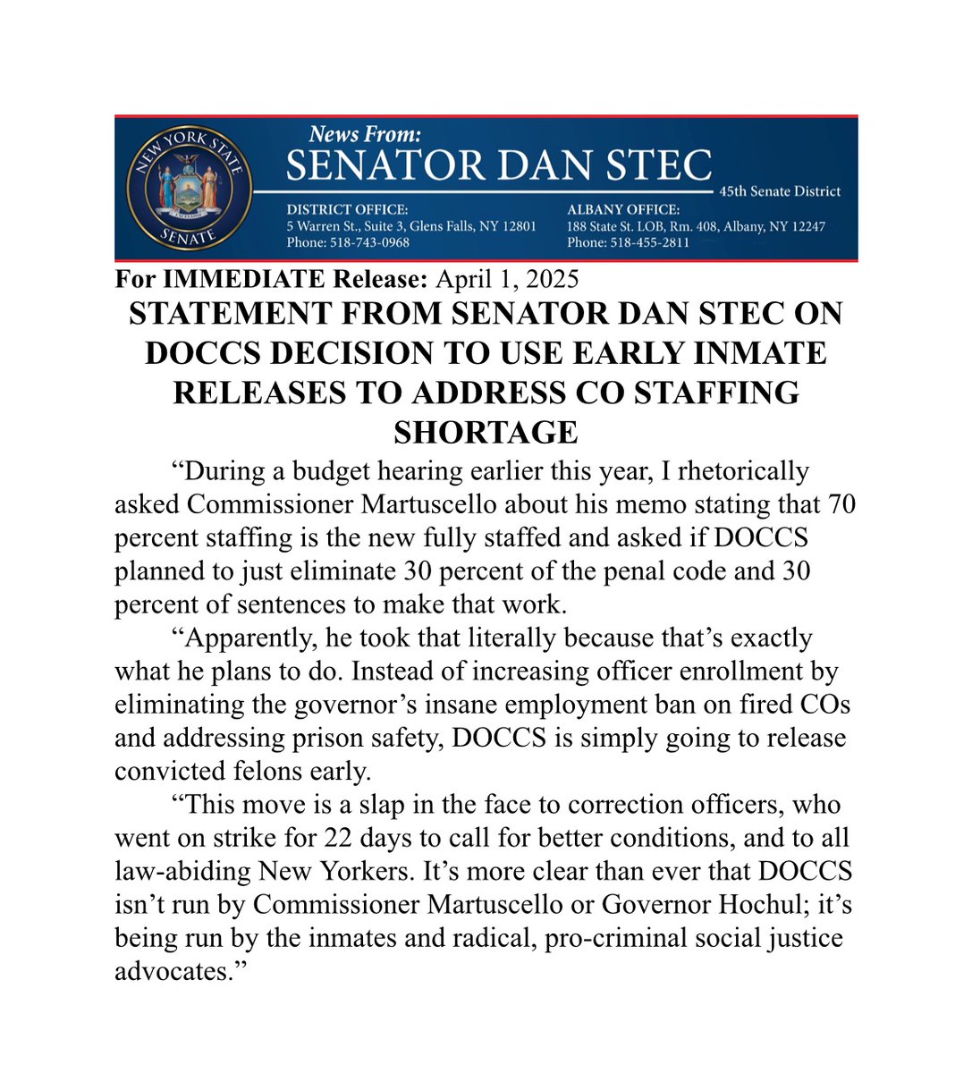 SenatorDanStec's tweet photo. Instead of addressing prison safety and officer recruitment, DOCCS Commissioner Martuscello is picking the worst and dumbest option: early release for inmates. https://t.co/WHktM7hZby