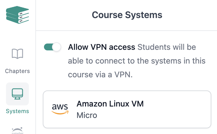getCourseStack's tweet photo. 🚀 Introducing Student VPN Access! 🚀

Unlock seamless student host connectivity into your course environments in a single click 🧙‍♂️ 

VPN Access let's students connect their local host machine to their course Systems and System Groups. This is great for letting students:

💻 RDP, VNC, or SSH into course systems
🛠️ Bring their own tools
🌐 Connect directly in their browser to web applications

To enable VPN connections for your course, just browse to the Systems tab and toggle Enable Student VPN.