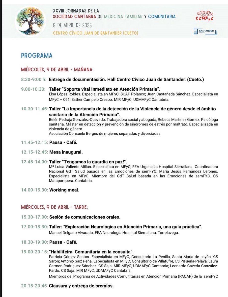 Ya va quedando menos para nuestras XXVIII Jornadas 🌳✨

El próximo 9 de abril hablaremos de comunitaria, RCP, exploración neurológica, violencia de género, emociones… y otros temas elegidos por vosotros en las comunicaciones científicas.

Más información en web 🌐

#MFyC 🧑🏻‍⚕️🏡👥