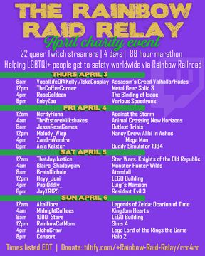 It's an action packed weekend as we stream for 88 hours April 3-6 to raise money for @rainbowrailroad to help get LGBTQIA+ people to safer homes. 
Carmen Asada (@papioddly) will be back, to play Luigi's Mansion on Sat April 5th  4-8pm EDT / 9pm-1am BST.

twitch.tv/papioddly_