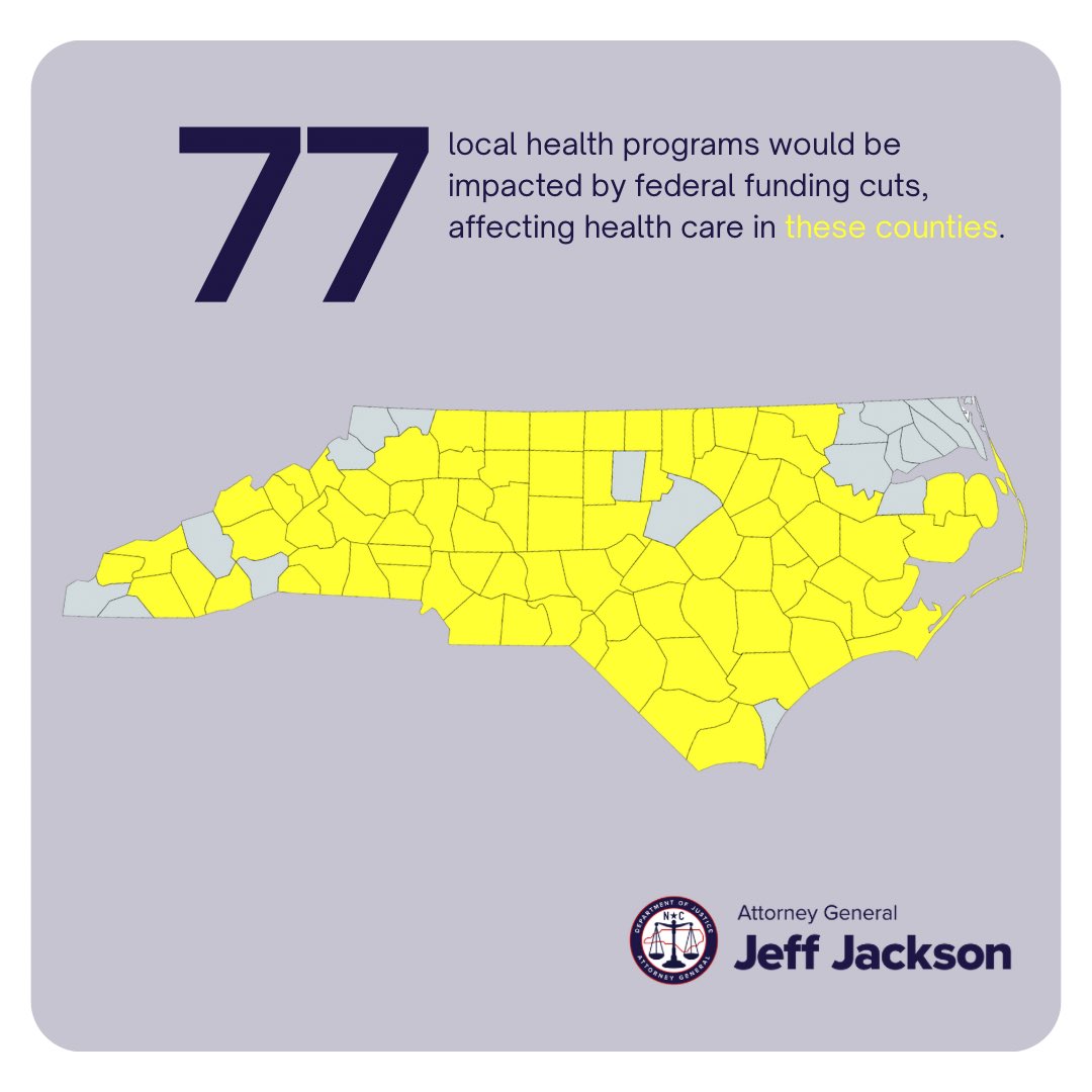 NC Attorney General (@ncago) on Twitter photo Today, AG <a href="/JeffJacksonNC/">Jeff Jackson</a> filed a lawsuit against the federal government to stop unlawful cuts of $230 million in critical health care funding for North Carolina. These cuts are illegal, dangerous, and will directly harm families across our state. 🧵: Today, AG <a href="/JeffJacksonNC/">Jeff Jackson</a> filed a lawsuit against the federal government to stop unlawful cuts of $230 million in critical health care funding for North Carolina. These cuts are illegal, dangerous, and will directly harm families across our state. 🧵: