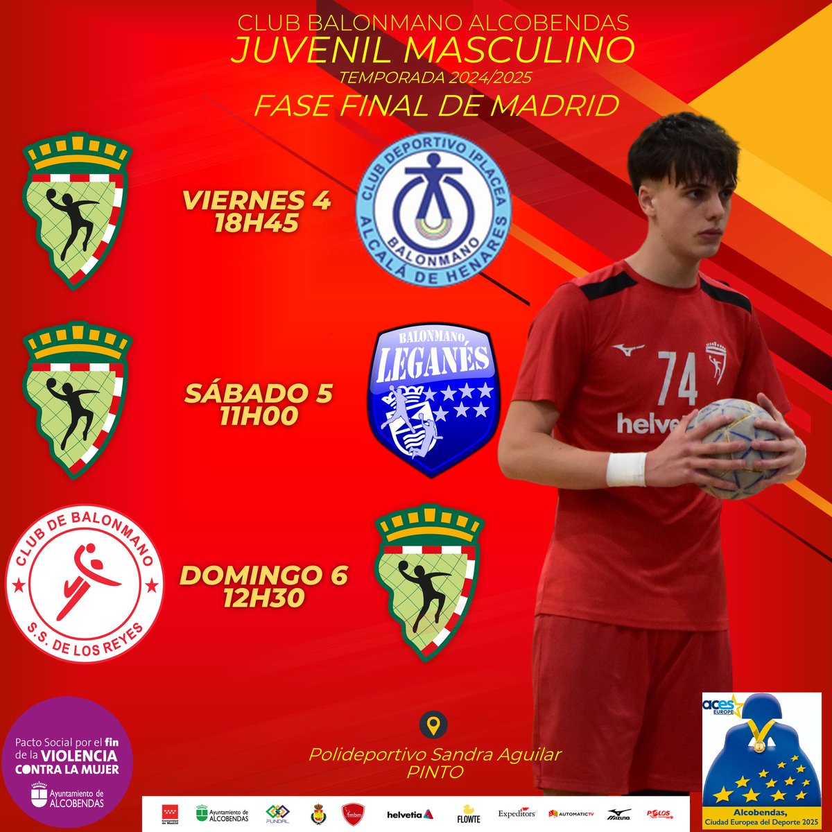 🤾Este fin de semana nuestro equipo Juvenil Masculino disputa la Fase Final de Madrid
💪🏻 Os esperamos en el Patricia Chamorro (viernes) y el Sandra Aguilar de Pinto para animar a nuestros chicos
📅 Apunta los horarios para no perderte nada 👇
#BalonmanoAlcobendas #ConectaTuPasión