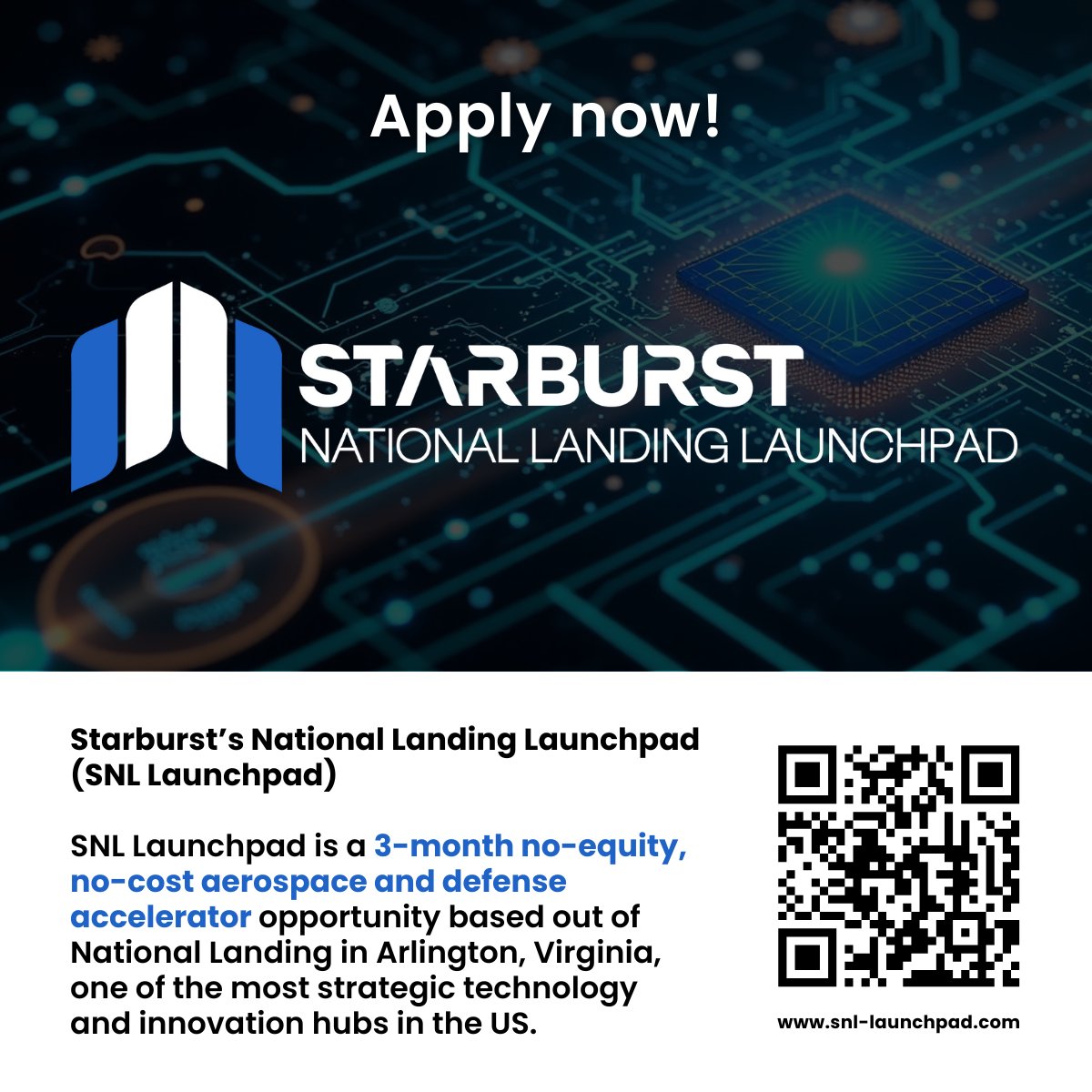 Calling cutting-edge ventures in #aerospace, #defense, dual-use, and other emerging technology sectors looking for a no-equity, no-cost #accelerator opportunity…

The Starburst National Landing Launchpad is now accepting applications!

Learn more &amp; apply: bit.ly/4kZkmY2