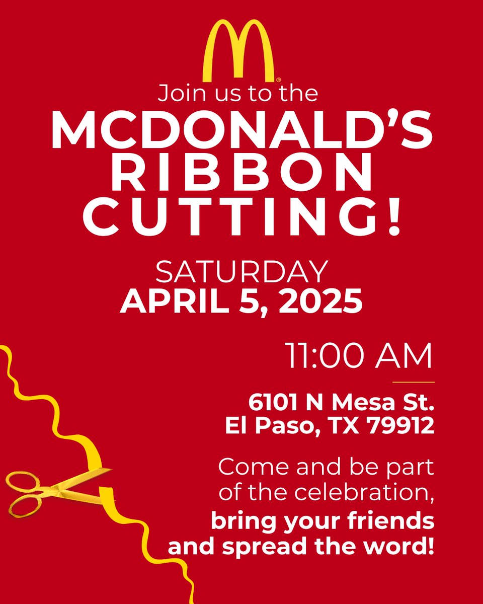 El Paso McDonald's Events (@mcdepevents) on Twitter photo ๐Grand Opening Alert!๐
Join us for the ๐ฟ๐ฒ๐บ๐ผ๐ฑ๐ฒ๐น๐ฒ๐ฑ ๐ ๐ฐ๐๐ผ๐ป๐ฎ๐น๐ฑโ๐ grand opening at ๐ฒ๐ญ๐ฌ๐ญ ๐ก ๐ ๐ฒ๐๐ฎ ๐ฆ๐, ๐๐น ๐ฃ๐ฎ๐๐ผ, ๐ง๐ซ, ๐ณ๐ต๐ต๐ญ๐ฎ, on April 5th, from 11 AM โ 2 PM!
๐Giveaways: A TV & a bicycle (don't miss out!)
๐ธMeet McDonald's characters for fun photo ๐Grand Opening Alert!๐
Join us for the ๐ฟ๐ฒ๐บ๐ผ๐ฑ๐ฒ๐น๐ฒ๐ฑ ๐ ๐ฐ๐๐ผ๐ป๐ฎ๐น๐ฑโ๐ grand opening at ๐ฒ๐ญ๐ฌ๐ญ ๐ก ๐ ๐ฒ๐๐ฎ ๐ฆ๐, ๐๐น ๐ฃ๐ฎ๐๐ผ, ๐ง๐ซ, ๐ณ๐ต๐ต๐ญ๐ฎ, on April 5th, from 11 AM โ 2 PM!
๐Giveaways: A TV & a bicycle (don't miss out!)
๐ธMeet McDonald's characters for fun photo