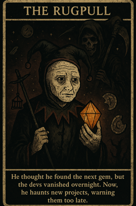 The Fool of RUG
Buys the dip, watches the dev disappear, and cries in silence.

"The hands that grasp in greed shall find only air"