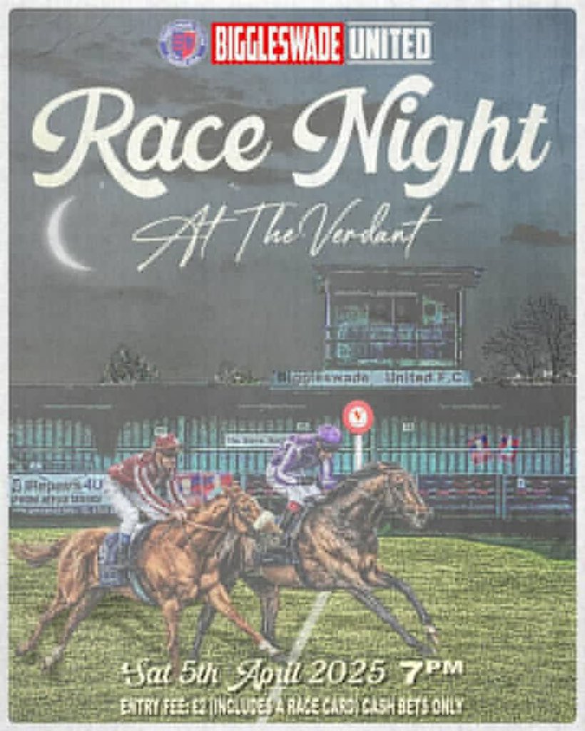 Biggleswadeutd's tweet photo. RACE NIGHT THIS SATURDAY🐎

Fundraiser for Liam &amp; Amy 🐴🐴

We are hosting a fundraiser for @LiamSmyth10 and @enteramy13 !
📅 Date: Saturday, 05th April 2025
⏰ Time: From 7 PM
📍 Venue: The Verdant Stadium
🎟️ Entry Fee: £2 (includes a race card) https://t.co/Kl5DKp79sL