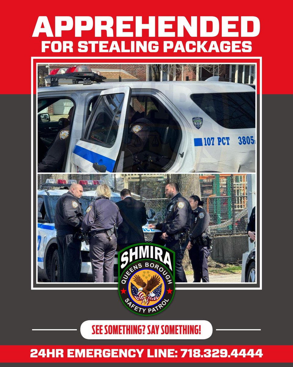 🚨🚨JUST NOW 🚨🚨 
One under for stealing multiple packages near 147th street and 78th Ave. We received a call from a community member who watched a perpetrator steal packages off his doorstep. Our members immediately arrived on scene to review footage with the owner. After a