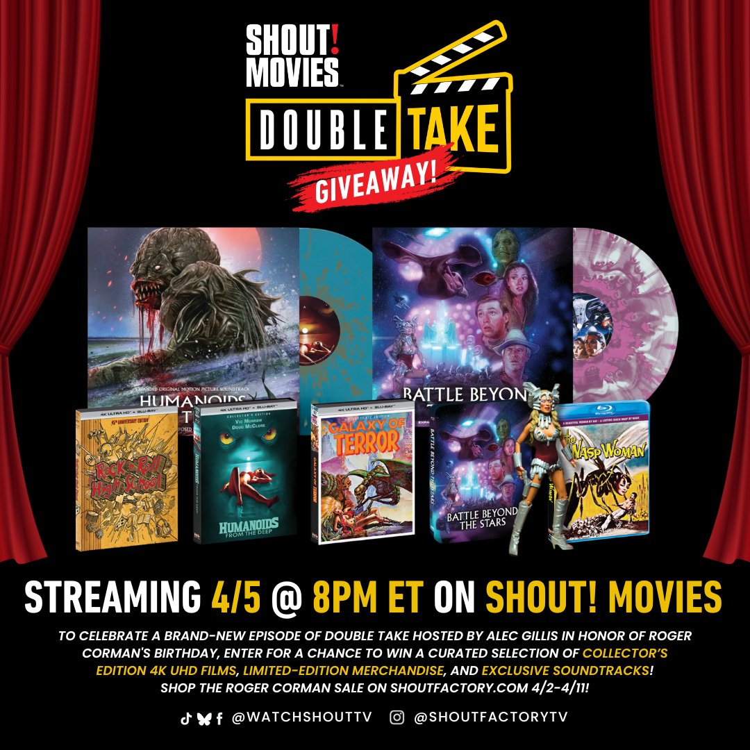 BDisgusting's tweet photo. GIVEAWAY - Tune in to Shout! Movies on 4/5 for a brand new episode of Double Take hosted by Alec Gillis celebrating Roger Corman’s birthday!

To enter to win 1 PRIZE BUNDLE including 4Ks, Blu-rays, toys and vinyl records, follow BD &amp; RT this tweet. US only. Good luck! https://t.co/iJOzC5iVld