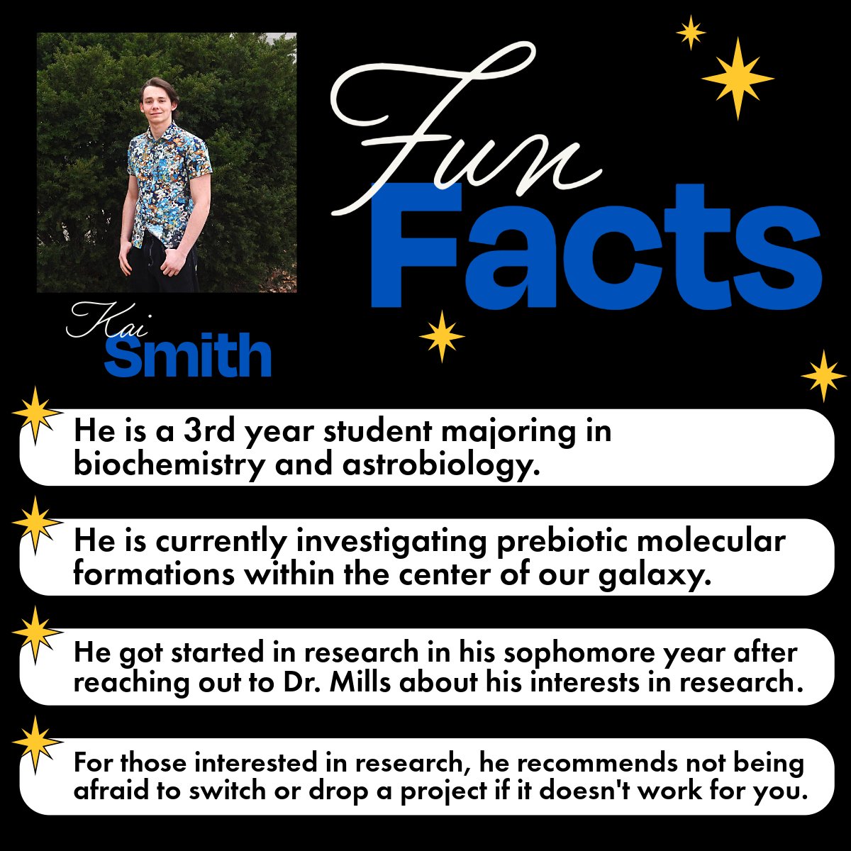 We would like to recognize Kai Smith, a 3rd year student majoring in biochemistry and astrobiology. Kai was nominated for the Goldwater scholarship.  
  
#kuscholarships #kufellowships #rockchalk #universityofkansas