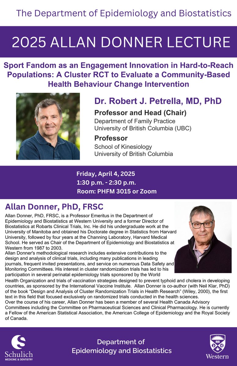 Western Epi&Biostats (@westernuepibio) on Twitter photo We are happy to invite you all to the 2025 Allan Donner Lecture with Dr. Robert Petrella on April 4, at PHFM 3015 or via Zoom (please request the link at epibio@schulich.uwo.ca). We are happy to invite you all to the 2025 Allan Donner Lecture with Dr. Robert Petrella on April 4, at PHFM 3015 or via Zoom (please request the link at epibio@schulich.uwo.ca).