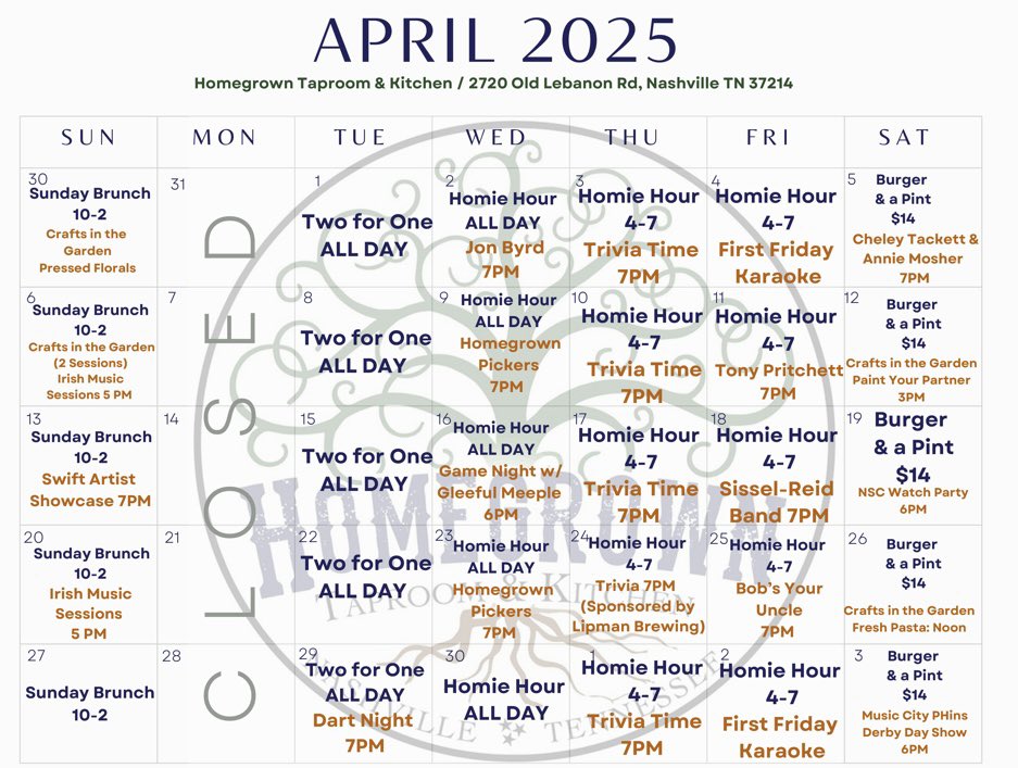 Happy April to all our Homies! It may be a day for pranks but there’s no jokes here, just a month full of awesome food, great entertainment, live music, community events and of course, great beer, wine &amp; canned cocktails! Come see us. 🌸🍻🍔🎶🖼️🥓🎊🧠🎤