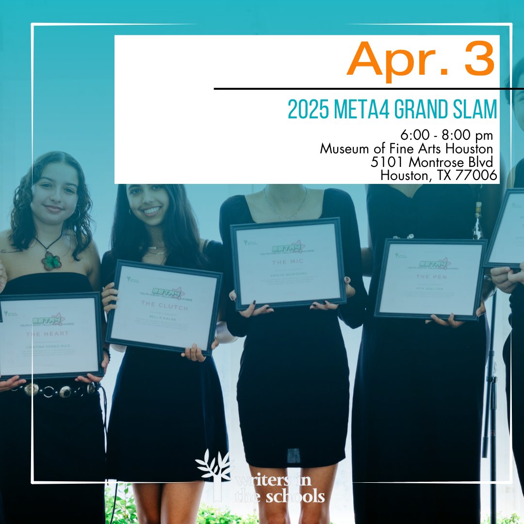 witshouston's tweet image. Happy April, everyone! We have a busy month ahead! Check out all of the fantastic programs we have coming up!

Wanna stay up to date on all things WITS? Then subscribe to our newsletter at witshouston.org/spotlight

#Meta4SlamSeries #AprilEvents #FreeVerse #WITSHouston