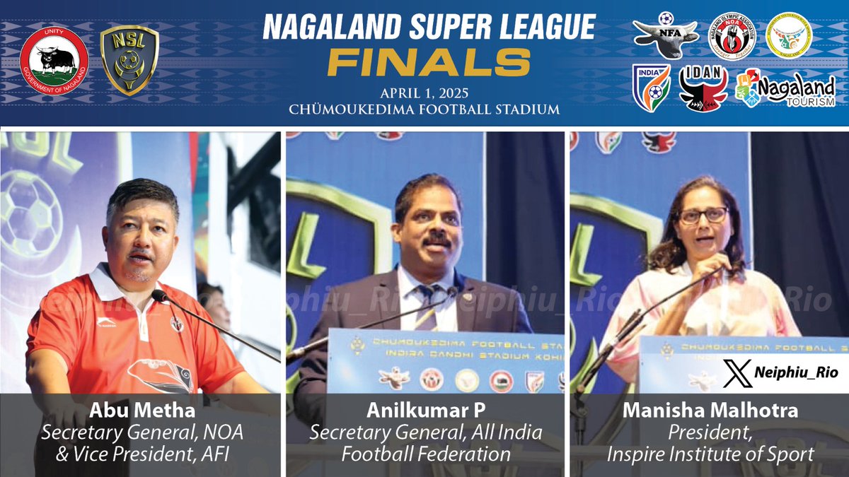 Neiphiu_Rio's tweet photo. The Nagaland Super League @NSLOfficial2024 finals mark a celebration of incredible talent, teamwork, &amp; determination. I congratulate the @NagalandOlympic &amp; @NagalandNFA for their vision, commitment, &amp; hard work in organising this League. I thank @IndianFootball for their support. https://t.co/lHdqQXJbj1