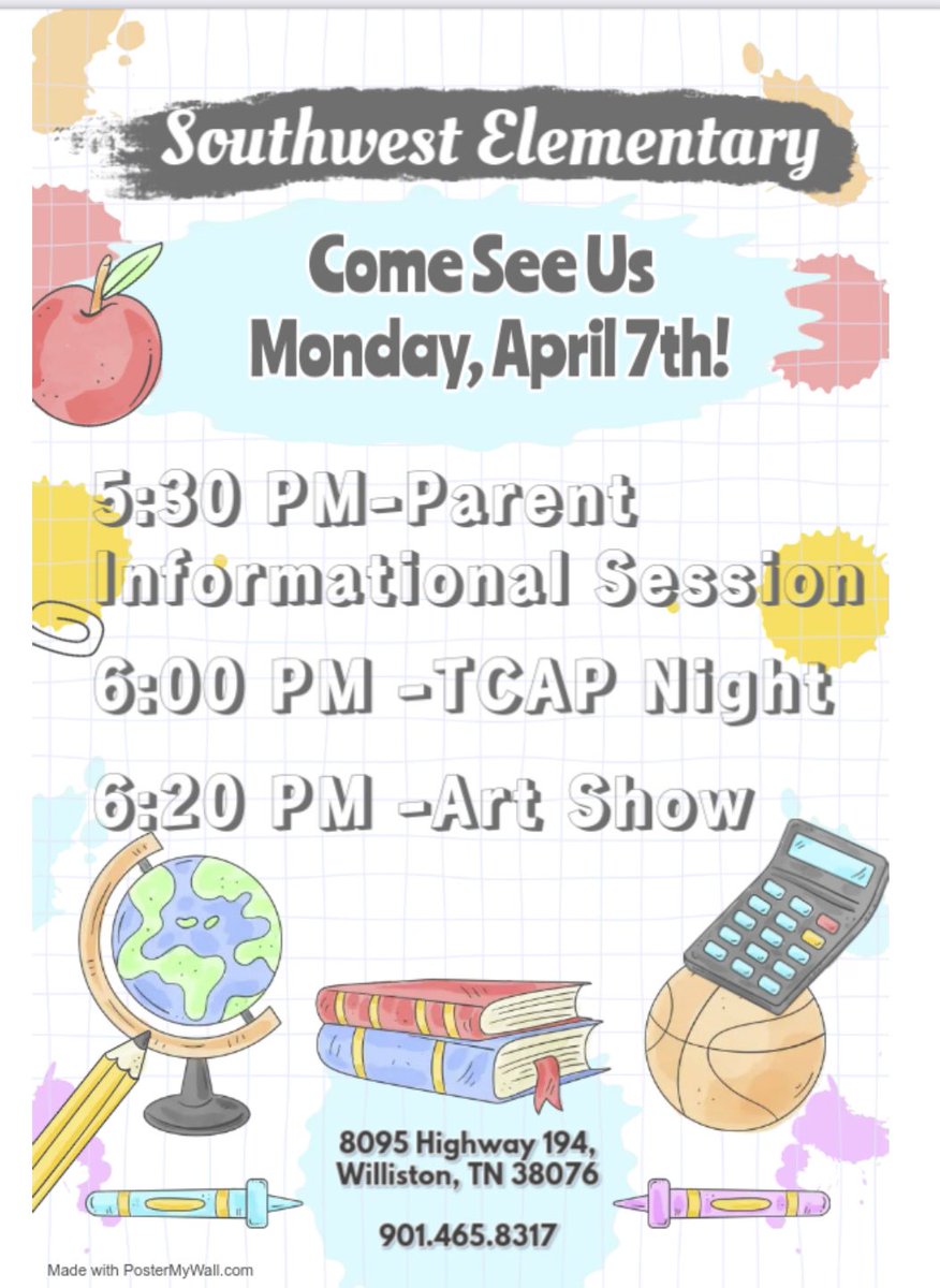 Southwest Elementary (@eaglessouthwest) on Twitter photo Save the Date: Monday, April 7th we would like to welcome you to join us for our TCAP Night & Art Show! <a href="/FCPSchoolsTN/">Fayette County Public Schools</a> Save the Date: Monday, April 7th we would like to welcome you to join us for our TCAP Night & Art Show! <a href="/FCPSchoolsTN/">Fayette County Public Schools</a>