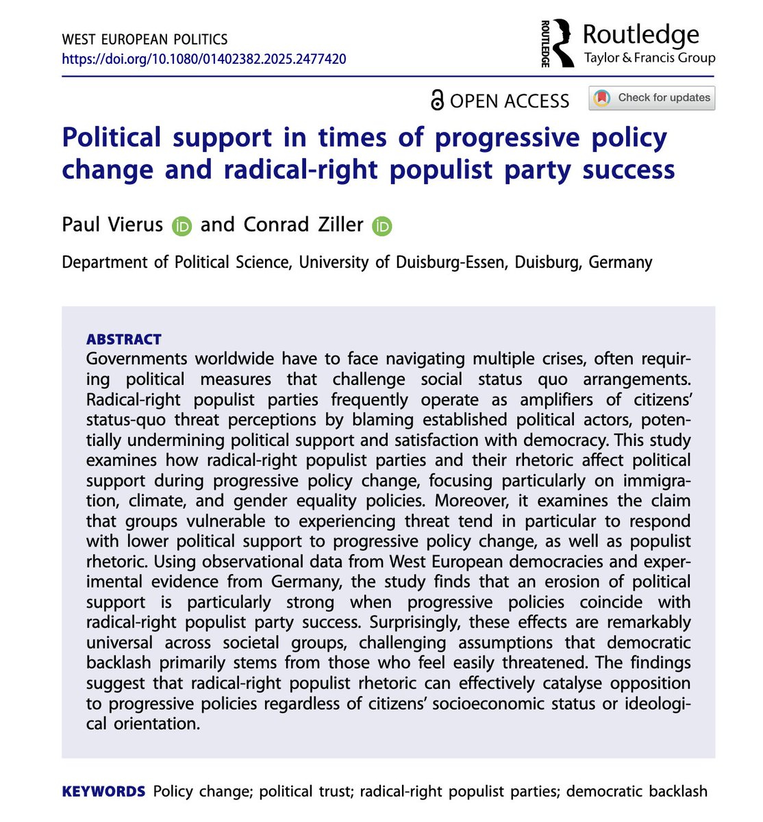 Paul Vierus (@pvierus) on Twitter photo 📢 New Paper out in @westeuropeanpolitics! <a href="/conradziller/">Conrad Ziller</a> and I examine how radical-right populist parties influence political support during times of progressive policy change❓
Our 3 main findings in a thread 🧵 👇
bit.ly/429gOK2 📢 New Paper out in @westeuropeanpolitics! <a href="/conradziller/">Conrad Ziller</a> and I examine how radical-right populist parties influence political support during times of progressive policy change❓
Our 3 main findings in a thread 🧵 👇
bit.ly/429gOK2
