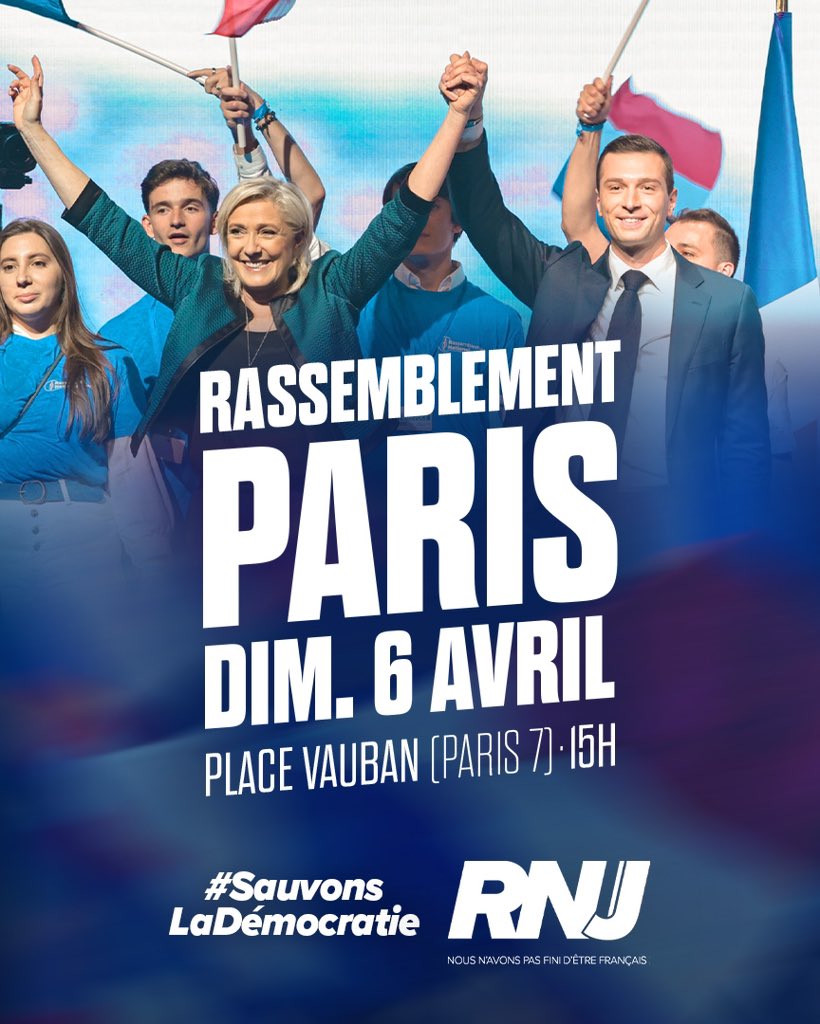 🇫🇷 Dimanche 6 avril - 15h Place Vauban (Paris 7) avec <a href="/MLP_officiel/">Marine Le Pen</a> et <a href="/J_Bardella/">Jordan Bardella</a> ! #SauvonsLaDémocratie