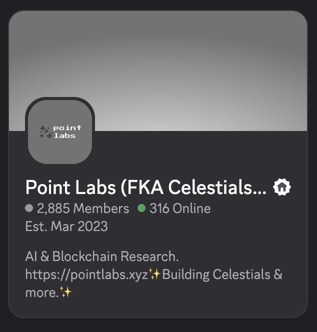 Point Labs ⚫️ (@point_labs_) on Twitter photo Who else noticed the Celestials Protocol (former name) discord server makeover?👀
The rebrand (expand) is happening... ⚫️
<a href="/point_labs_/">Point Labs ⚫️</a> - loading...
<a href="/tiawallet/">Celestials✨Wallet</a> - loading...
✨ Who else noticed the Celestials Protocol (former name) discord server makeover?👀
The rebrand (expand) is happening... ⚫️
<a href="/point_labs_/">Point Labs ⚫️</a> - loading...
<a href="/tiawallet/">Celestials✨Wallet</a> - loading...
✨