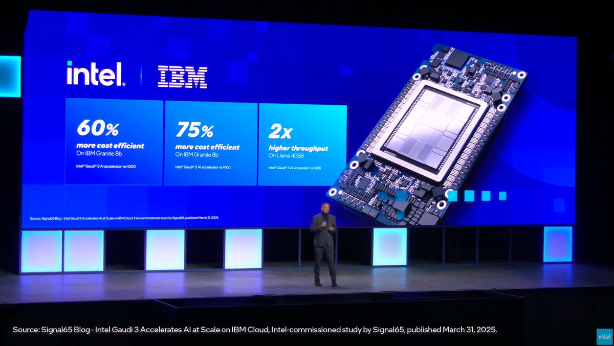 Now we are hearing from Sachin Katti, head of the NEX group at Intel. Talking through real-world implementations of all of this technology, including:

Showing performance data from our <a href="/Signal_65/">Signal65</a> Gaudi 3 testing, published yesterday. 

Read here: signal65.com/research/ai/in…