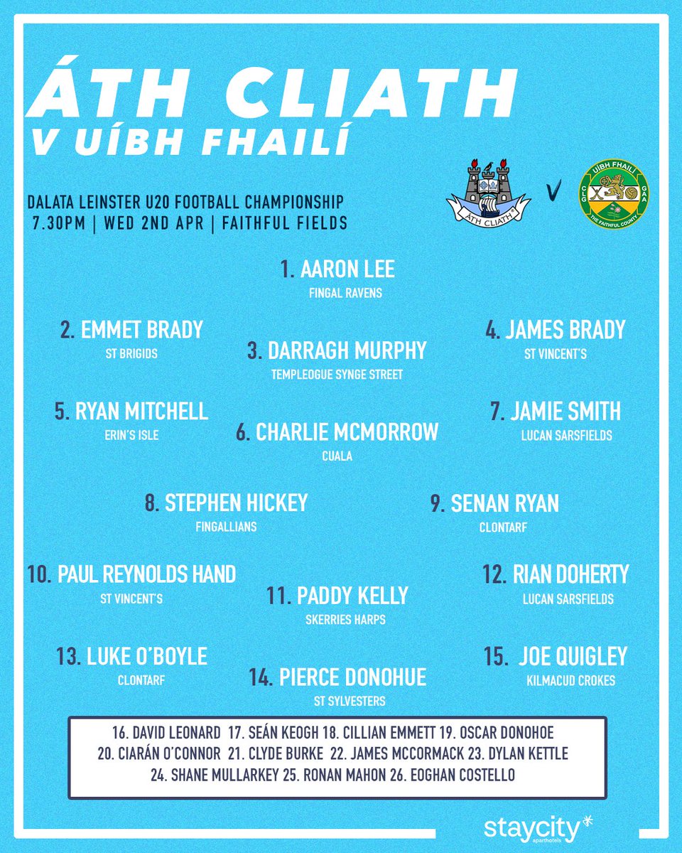 The Dublin U20s Football panel has been named for Wednesday's Dalata Leinster Championship clash against Offaly at Faithful Fields 👕💪

#UpTheDubs