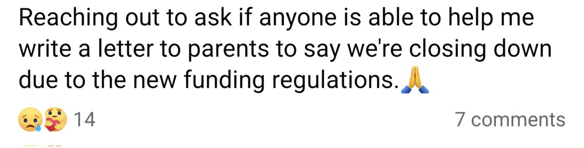 Another sobering nursery Facebook post today. A direct consequence of the "crack down" on providers' ability to charge additional fees in order to remain sustainable. Evidence that funding rates are inadequate.