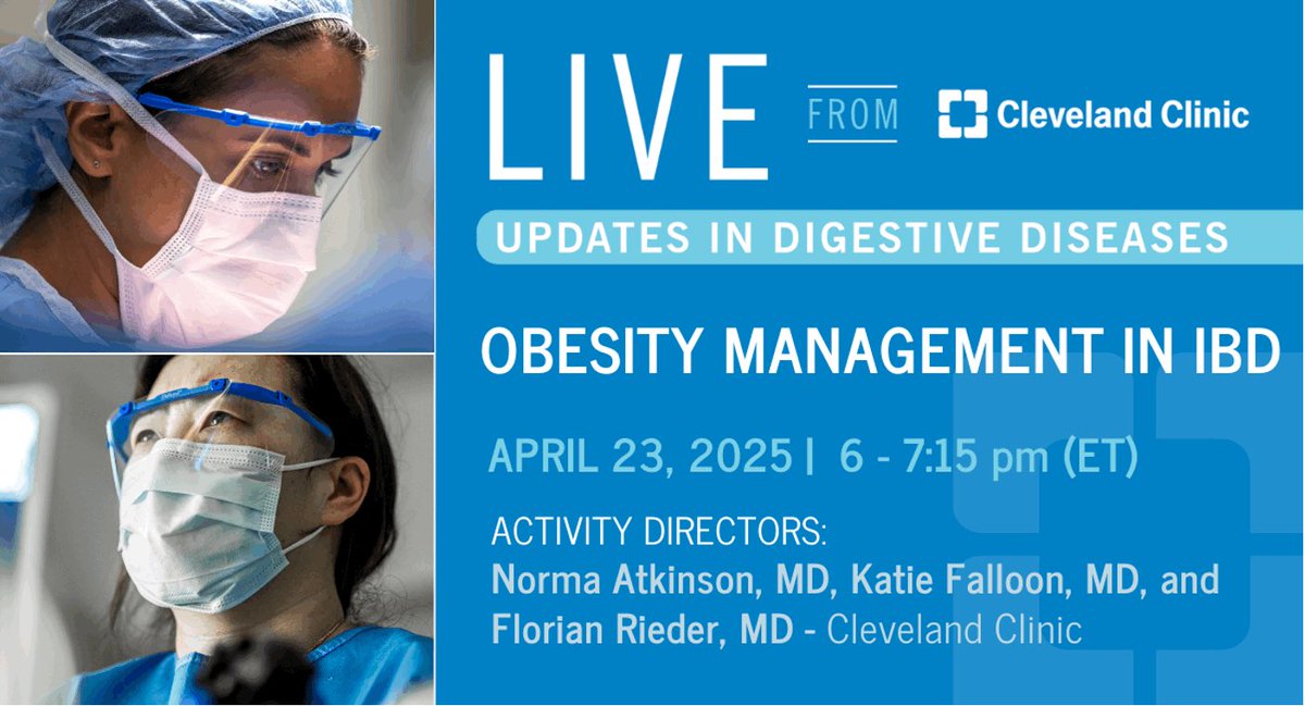 Rita Rys (@ritarys1) on Twitter photo Tune in Apr 23 – LIVE from Cleveland Clinic: OBESITY MGMT IN IBD. Join <a href="/IBD_FloMD/">Florian Rieder</a> <a href="/KatieFalloonMD/">Katie Falloon</a> Norma Atkinson <a href="/drbutsch/">W. Scott Butsch, MD MSc</a> <a href="/ManuelBragaMD/">Manuel Braga Neto MD, PhD</a> <a href="/JosephHabibi_MD/">Joseph Sleiman, MD, FACP</a> Chelsea Feng <a href="/CleClinicMD/">Cleveland Clinic MD</a> for this CME MOC event. Register bit.ly/LIVECC2025 Tune in Apr 23 – LIVE from Cleveland Clinic: OBESITY MGMT IN IBD. Join <a href="/IBD_FloMD/">Florian Rieder</a> <a href="/KatieFalloonMD/">Katie Falloon</a> Norma Atkinson <a href="/drbutsch/">W. Scott Butsch, MD MSc</a> <a href="/ManuelBragaMD/">Manuel Braga Neto MD, PhD</a> <a href="/JosephHabibi_MD/">Joseph Sleiman, MD, FACP</a> Chelsea Feng <a href="/CleClinicMD/">Cleveland Clinic MD</a> for this CME MOC event. Register bit.ly/LIVECC2025