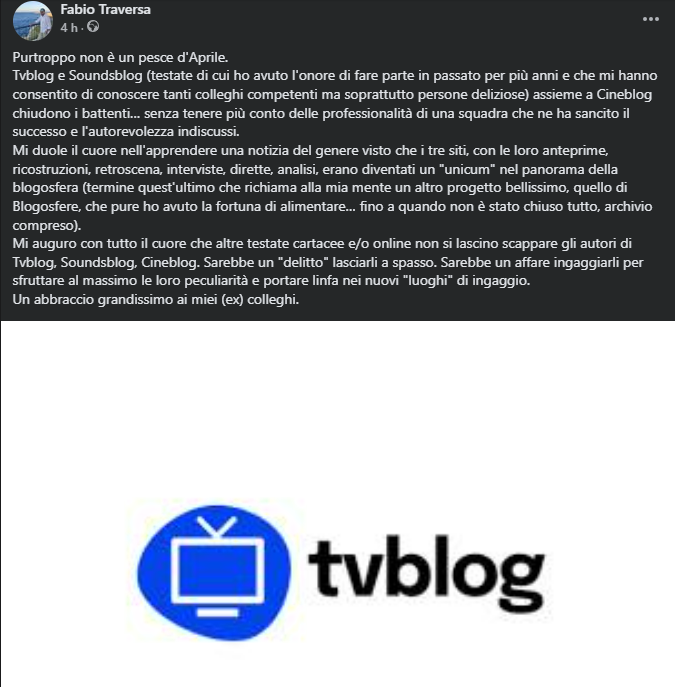 FabioTraversa's tweet photo. Giornata triste. Le mie considerazioni sulla "chiusura" di #Tvblog, #Soundsblog, #Cineblog di #blogo ⬇️ https://t.co/Ag1Sew5q6f