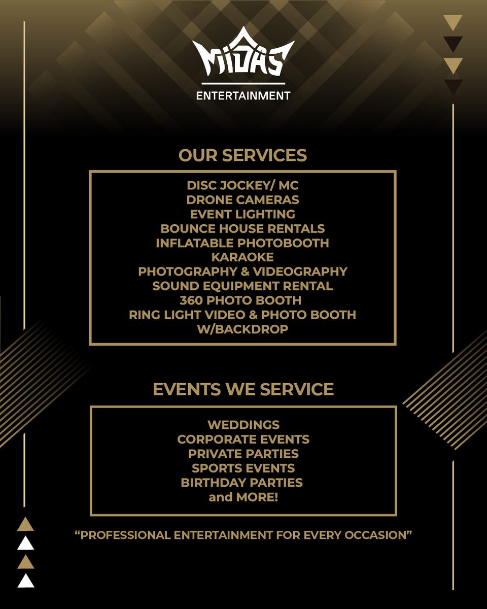 DJMidas_'s tweet image. Introducing Midas Entertainment – An expansion of the DJ Midas brand offering an unforgettable entertainment experience. Now accepting bookings for all events! Send your inquiry to booking@midasentertainment.org now to give your event of any kind that unique Midas touch!