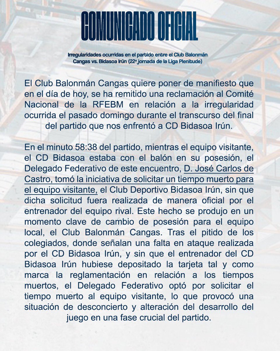 balonmancangas's tweet photo. 𝘾𝙊𝙈𝙐𝙉𝙄𝘾𝘼𝘿𝙊 𝙊𝙁𝙄𝘾𝙄𝘼𝙇

📝 En vista do sucedido no partido da xornada 22, o Club Balonmán Cangas emite unha reclamación ao Comité Nacional de Competición da @RFEBalonmano https://t.co/LliNJLhnjA