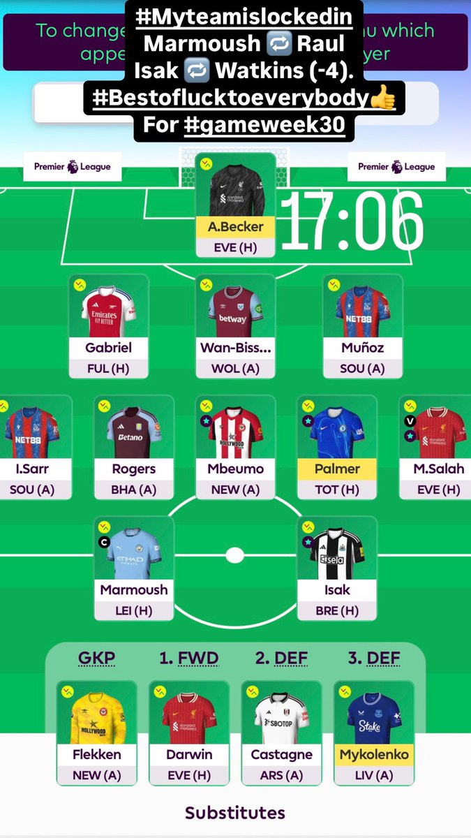 FplBilardi's tweet photo. #Myteamislockedin #fantasypremierleague
Marmoush 🔁 Raul
Isak 🔁 Watkins (-4).
#Bestoflucktoeverybody👍
For #gameweek30 https://t.co/TVevbkdw1L