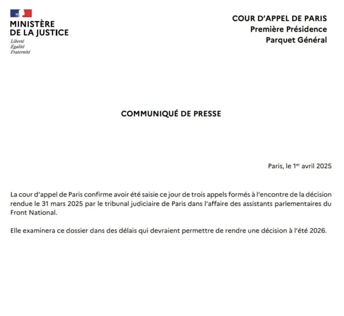 🔴🏛️ Inéligibilité de Marine Le Pen : la cour d'appel de Paris indique qu'elle examinera l'affaire des assistants du FN au Parlement européen "dans des délais qui devraient permettre de rendre une décision à l'été 2026", c'est-à-dire avant la présidentielle de 2027. 
#DirectAN