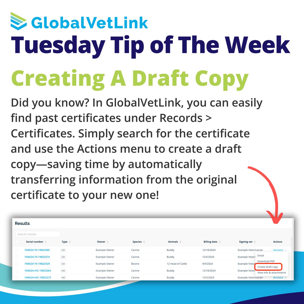 Save time in GVL by quickly creating a draft copy of a previous certificate! 📝 Go to Records > Certificates, click the Actions menu, and select Create Draft Copy—all the details will transfer over automatically! Log in to GlobalVetLink and try it today! hubs.la/Q03bQ3D30