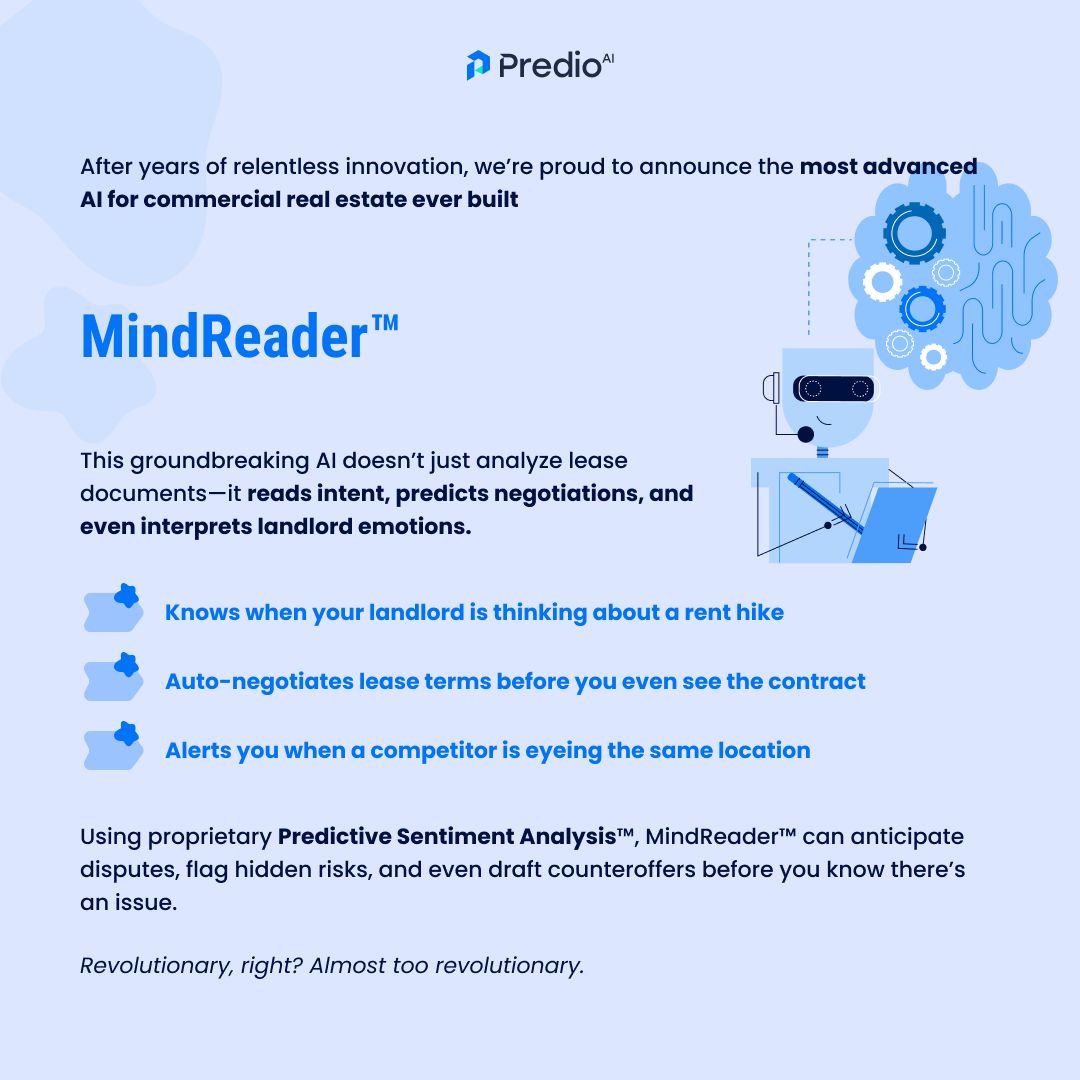 PredioAI's tweet image. Ever wish your lease could predict rent hikes, anticipate negotiations, and spot risks before you do? Welcome to the future of lease management. 🚀📊 #AIRevolution #LeaseIntelligence #SmartLeasing #CommercialRealEstate #TechInCRE #LeaseManagement  #Aprilfools #AILeaseAbstraction