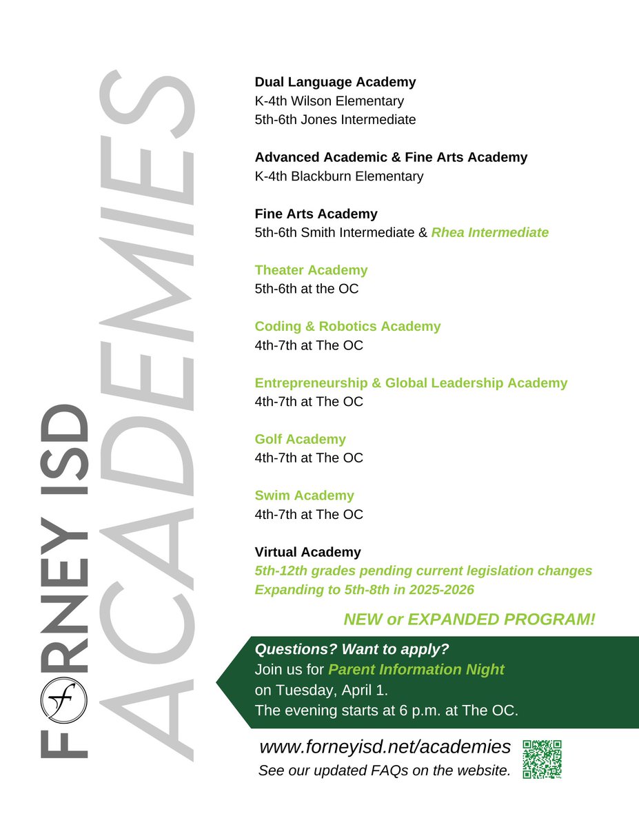 forneyisd's tweet image. Curious about Forney ISD&apos;s academies? Come to a parent information meeting at 6 p.m. tonight at The OC to learn more! forneyisd.net/academies
