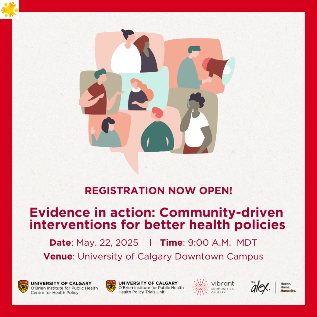 O'Brien Institute for Public Health (@obrien_iph) on Twitter photo 📢Calling all community partners & researchers! Registration for our spring forum is open. Join us on May 22 to explore how policy trials can drive real-world, evidence-based health solutions. Register by May 9: bit.ly/3QU2uQu.
<a href="/UCalgary_CHP/">The Centre for Health Policy</a> <a href="/VibrantCalgary/">Vibrant Communities Calgary - VCC</a> <a href="/TheAlexCHC/">The Alex</a> 📢Calling all community partners & researchers! Registration for our spring forum is open. Join us on May 22 to explore how policy trials can drive real-world, evidence-based health solutions. Register by May 9: bit.ly/3QU2uQu.
<a href="/UCalgary_CHP/">The Centre for Health Policy</a> <a href="/VibrantCalgary/">Vibrant Communities Calgary - VCC</a> <a href="/TheAlexCHC/">The Alex</a>