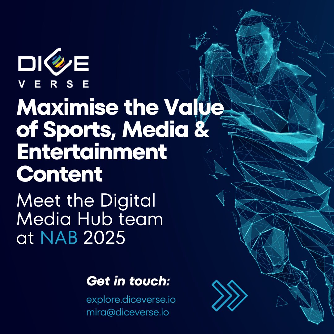 DICE Verse (@godiceverse) on Twitter photo Meet the Digital Hub Team at NAB 2025!
Discover how to monetize, manage, and maximize your sports content using AI-powered media solutions.
Get in touch with us and find out more: mira@diceverse.io
#diceverse #veritone #aiinmedia #sportstech #digitalmediahub Meet the Digital Hub Team at NAB 2025!
Discover how to monetize, manage, and maximize your sports content using AI-powered media solutions.
Get in touch with us and find out more: mira@diceverse.io
#diceverse #veritone #aiinmedia #sportstech #digitalmediahub