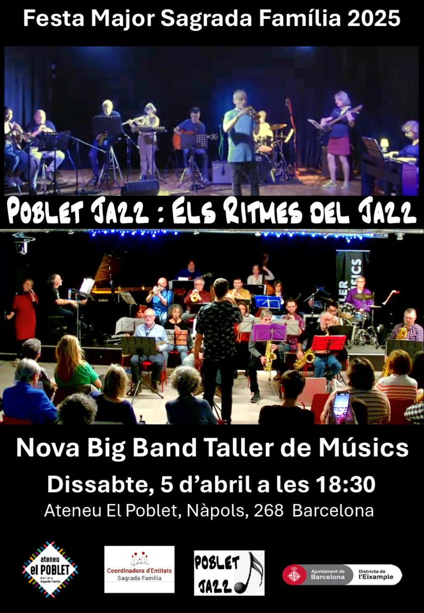 ⚫Dissabte, 5 d'abril a les 18:30 EL RITMES DEL JAZZ, Poblet Jazz Participatiu 
⚫ Aquest concert de Festa Major, tindrà dues parts. En la primera part el combo Poblet Jazz dirigit per Jordi Martínez Grimaldos
