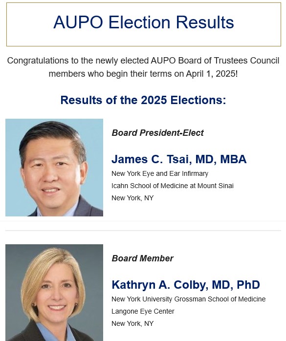 Congratulations to all of the newly-elected <a href="/AUPOphth/">AUPO</a> Board of Trustees Council members who begin their terms today, including our Chair, Dr. Kathryn Colby! bit.ly/4hRJ7m0