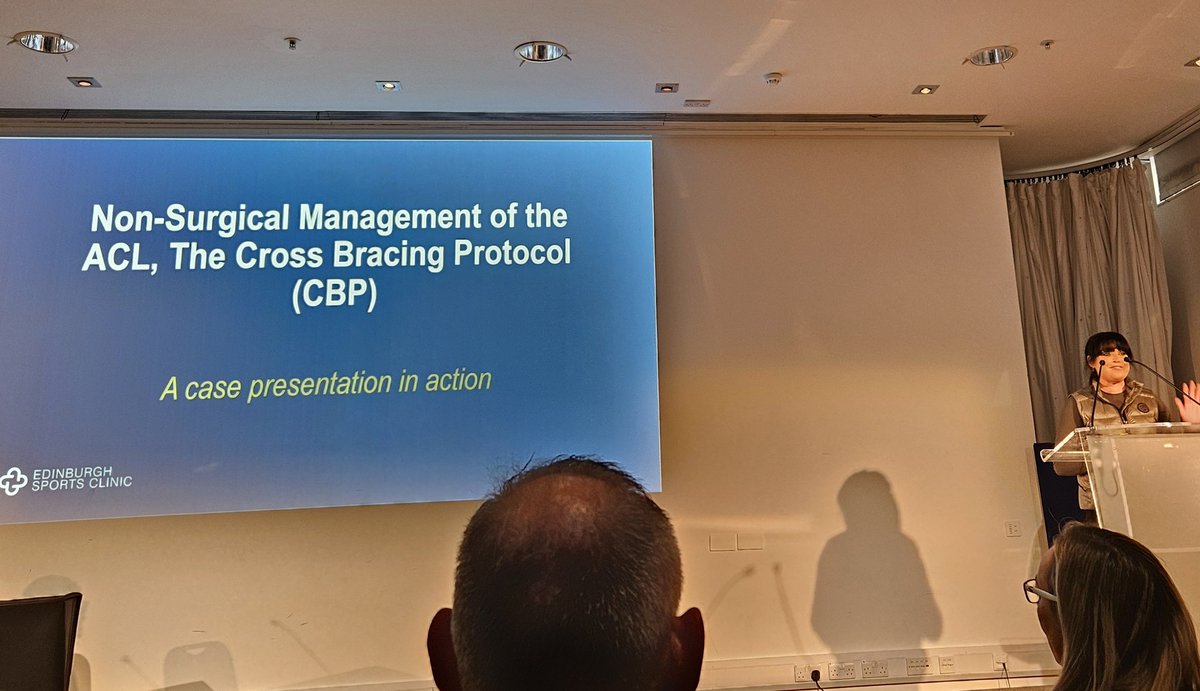EricWhite89's tweet photo. @UoESport 's very own Tracy McAdam taking us through a case study rehabbing the UK's first 'Cross Bracing Protocol' - Non-op healing of an ACL rupture.

#GolfandHealth
Edinburgh Orthopaedic &amp; Sports Med Conference
@UKCCIIS @RCSEd @GolfAndHealth @FASIC_SportsMed @EdinOrthopaedic https://t.co/hneToLyzEh