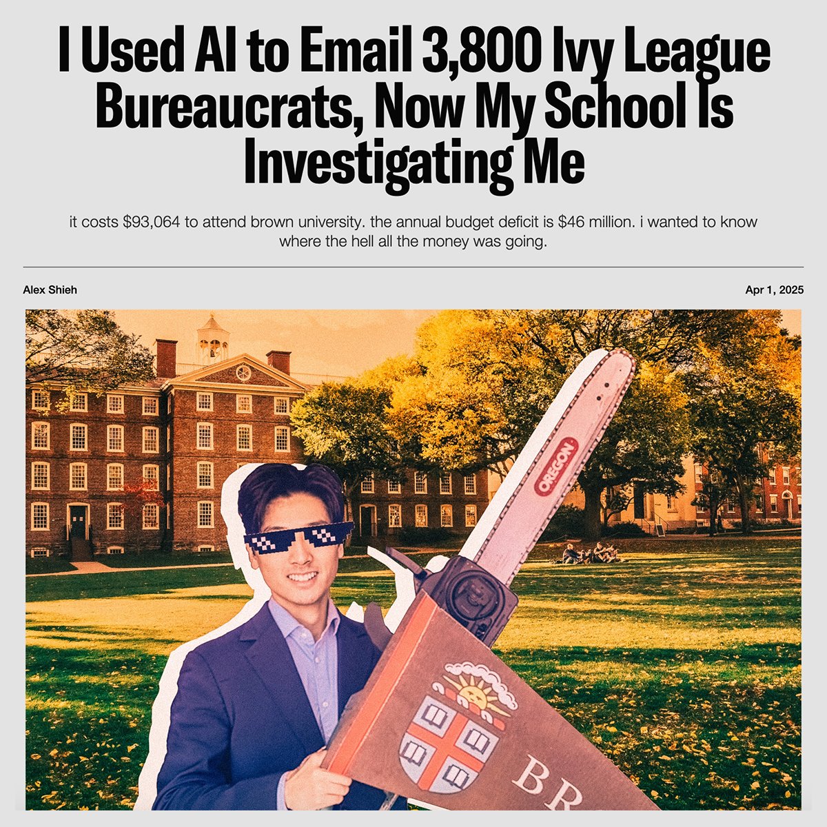 NEW: Brown University 'DOGE' student shares his side of the story with Pirate Wires

At Brown University, there's roughly one non-faculty administrator for every two undergrads. Tuition, living expenses, and fees now amount to $93,064 a year. The school runs a $46 million annual